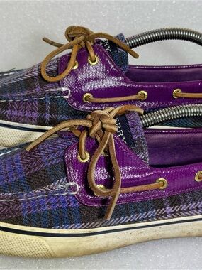 Sperry Purple Plaid and Brown Leather Lace Boat Shoes